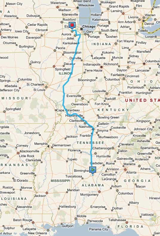 Birmingham, Alabama to Aurora, Illinois - 730 miles, 11-12 hours (w/ kids)!